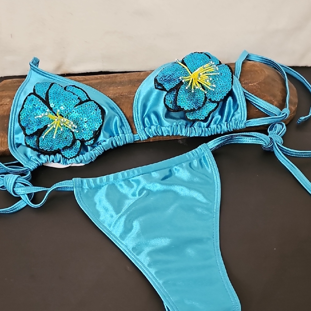 Blue Sequin Floral Bikini Set